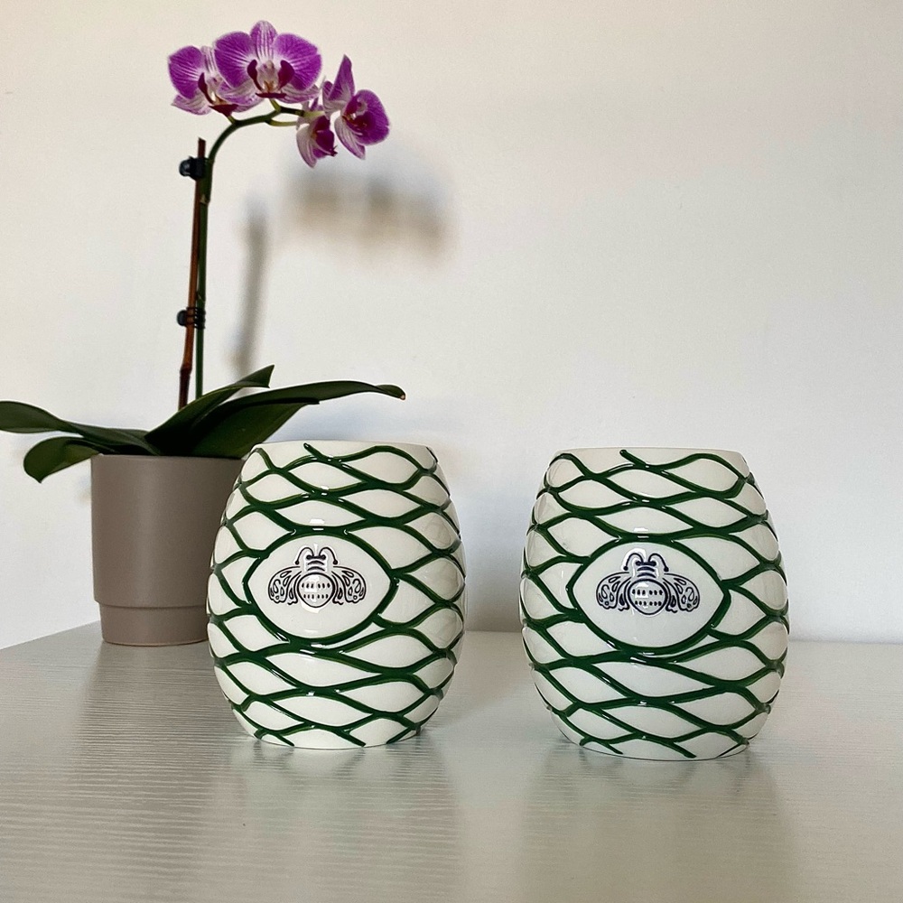 New Set Of 2 Patron Tequila Agave Bee Ceramic Tiki Bar Mug Cups Green & White